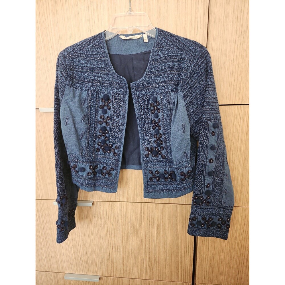 Soft Surroundings Theodora Bolero Jacket Demin w/ Embroidery & Pom-Poms Size M